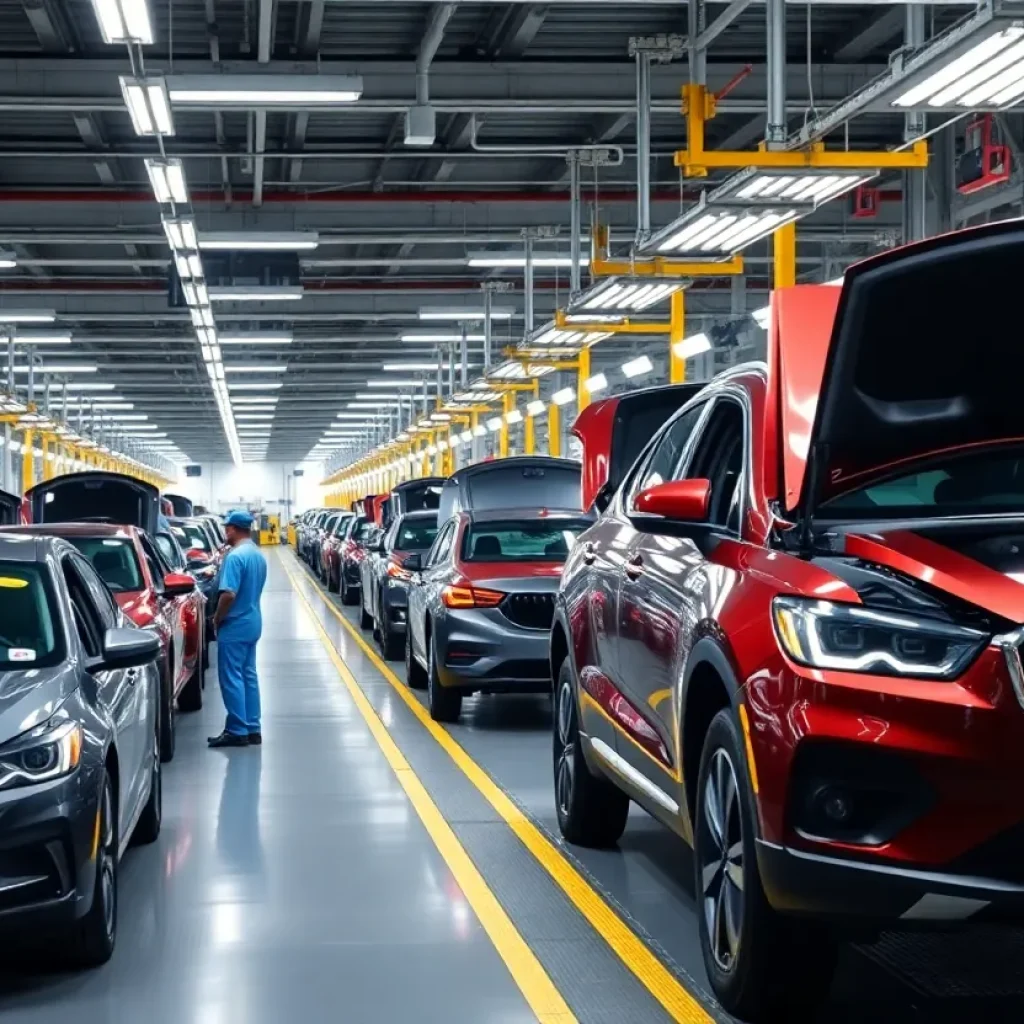 Workers assembling vehicles in a modern automotive factory