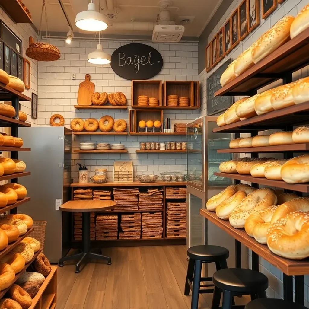 Interior view of Bev's Bagels featuring fresh organic sourdough bagels and a cozy customer seating area.