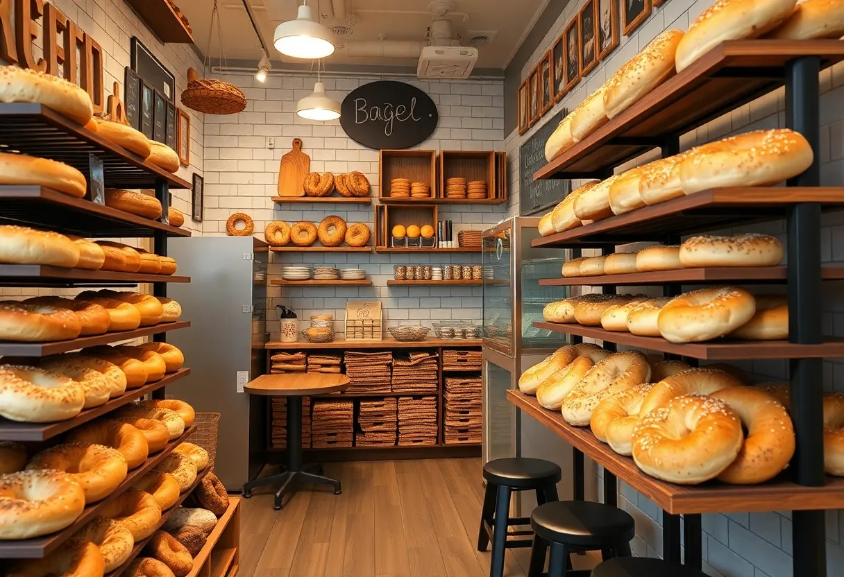 Interior view of Bev's Bagels featuring fresh organic sourdough bagels and a cozy customer seating area.