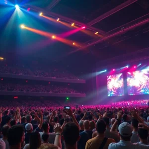 Crowd enjoying a concert at Ford Field with vibrant lights
