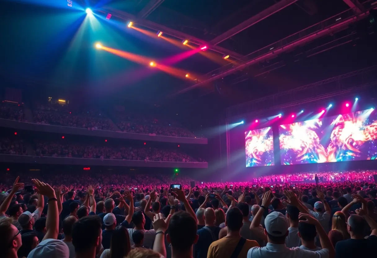 Crowd enjoying a concert at Ford Field with vibrant lights