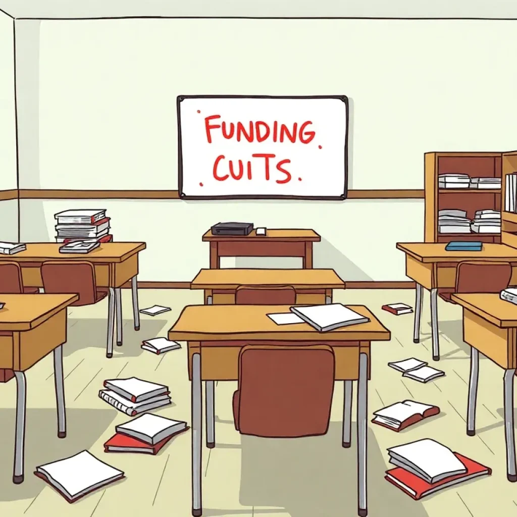 An illustration depicting a classroom affected by funding cuts, showcasing empty desks and scattered materials.