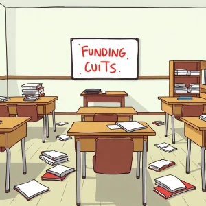An illustration depicting a classroom affected by funding cuts, showcasing empty desks and scattered materials.