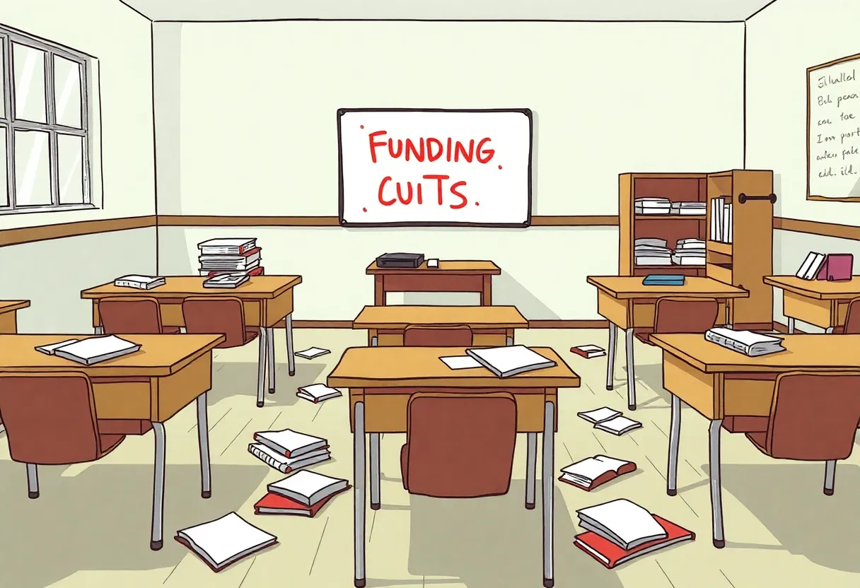 An illustration depicting a classroom affected by funding cuts, showcasing empty desks and scattered materials.