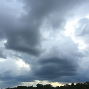 Dark clouds over a Michigan landscape indicating stormy weather.