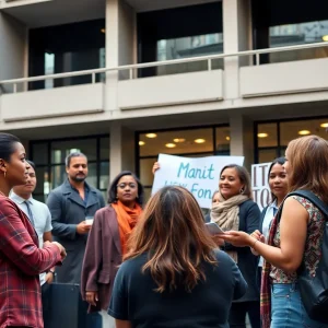 A diverse group of individuals discussing community issues in an urban environment