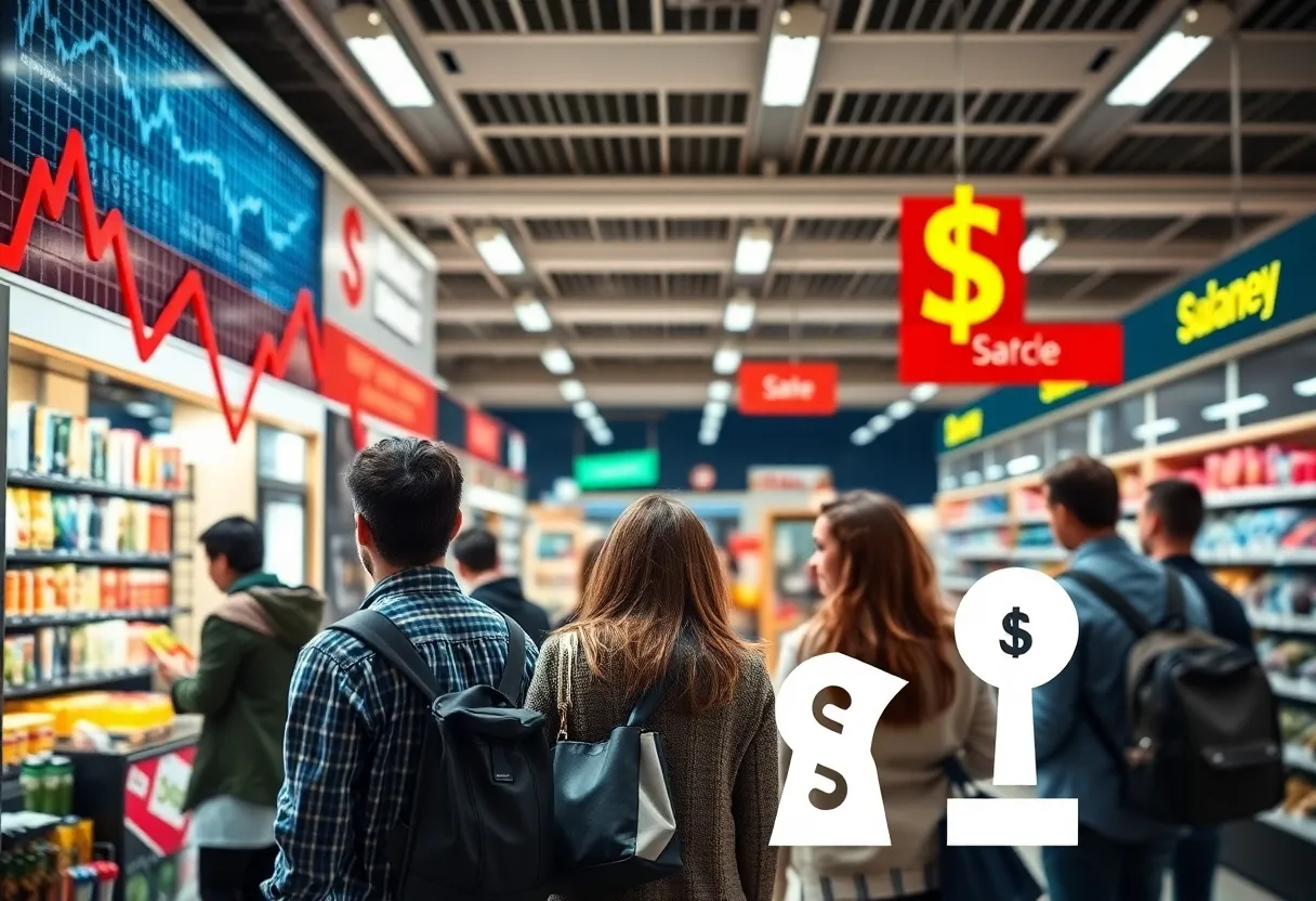Graph showing declining consumer sentiment with worried shoppers