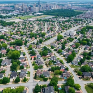 Aerial view of residential neighborhoods in Detroit