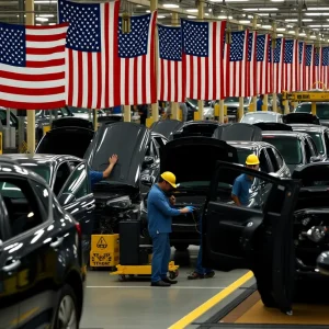 Workers assembling cars in a Detroit automotive factory.