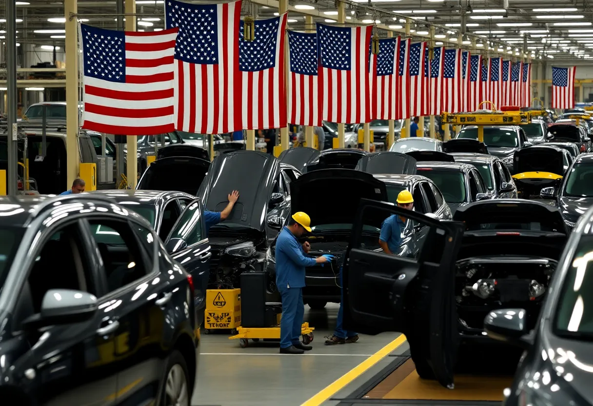 Workers assembling cars in a Detroit automotive factory.