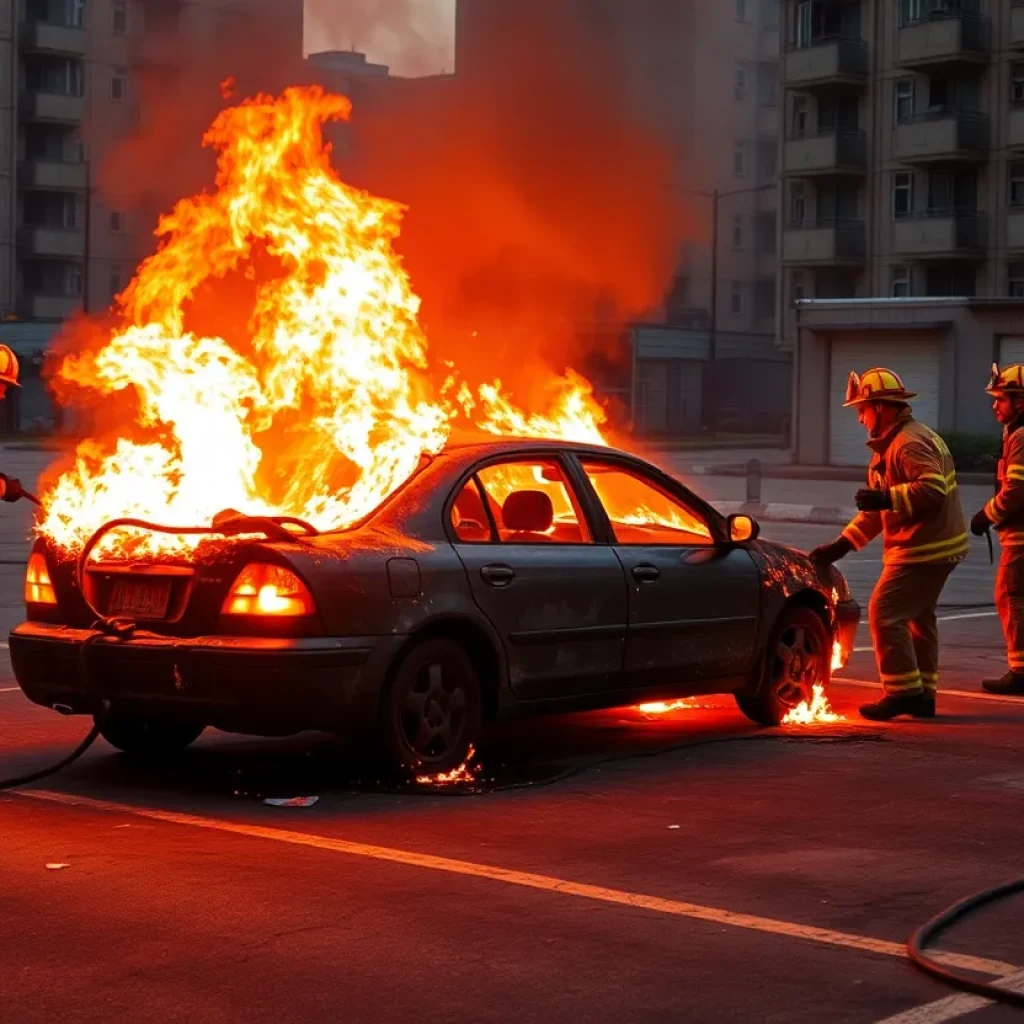 Firefighters extinguishing a burning car in Detroit
