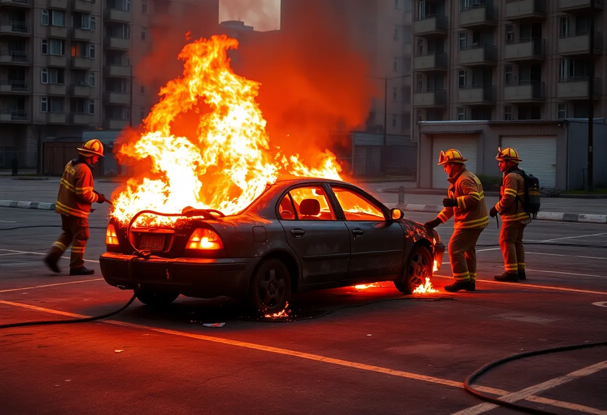 Firefighters extinguishing a burning car in Detroit