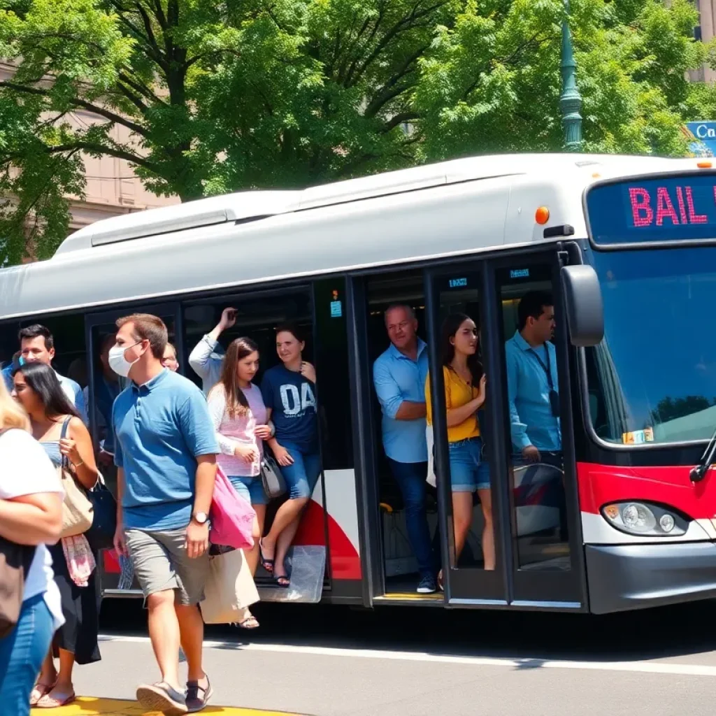 Detroit bus with passengers boarding on a city street