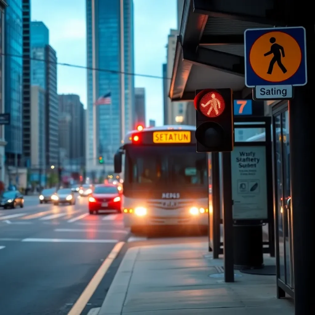 Bus stop in Detroit with safety signs