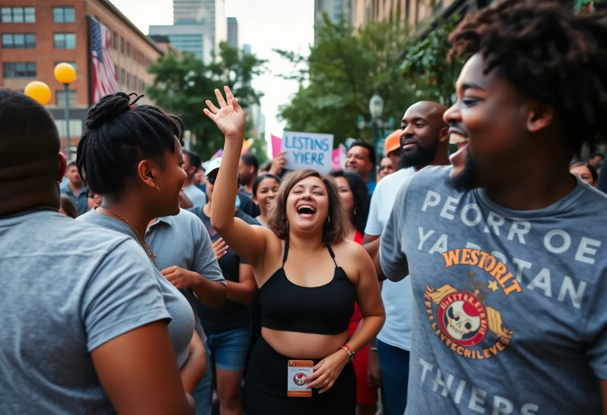 Community gathering in Detroit celebrating a beloved local cheerleader's return.