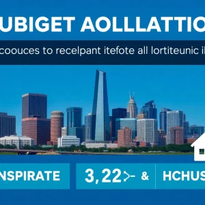 Detroit skyline featuring budget allocation symbols for transportation and housing