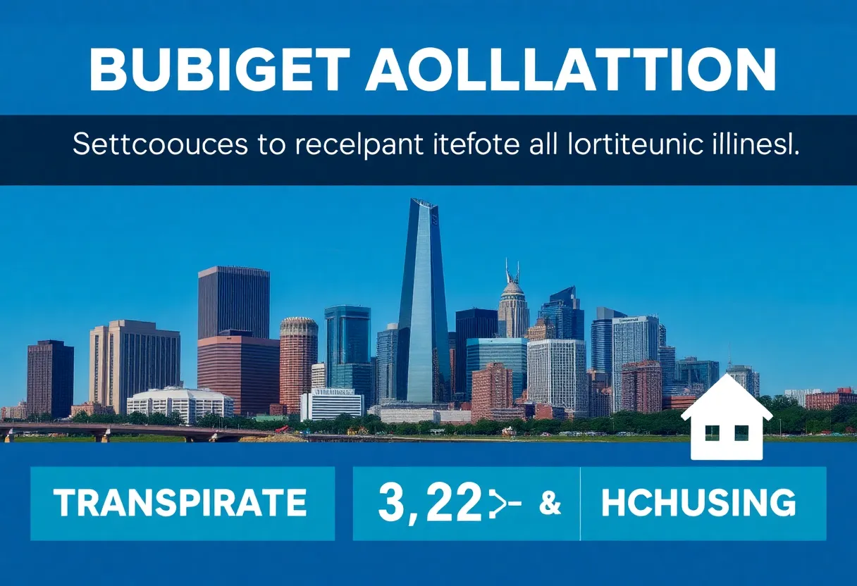 Detroit skyline featuring budget allocation symbols for transportation and housing