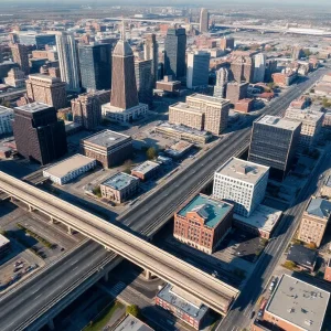 Aerial view of Detroit highlighting infrastructure and community projects