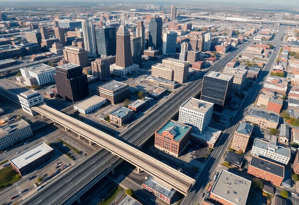 Aerial view of Detroit highlighting infrastructure and community projects