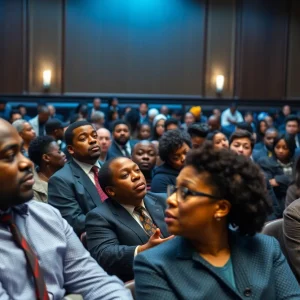 A crowded Detroit city council meeting with engaged attendees