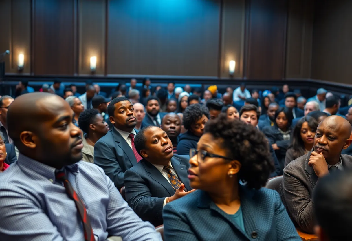 A crowded Detroit city council meeting with engaged attendees