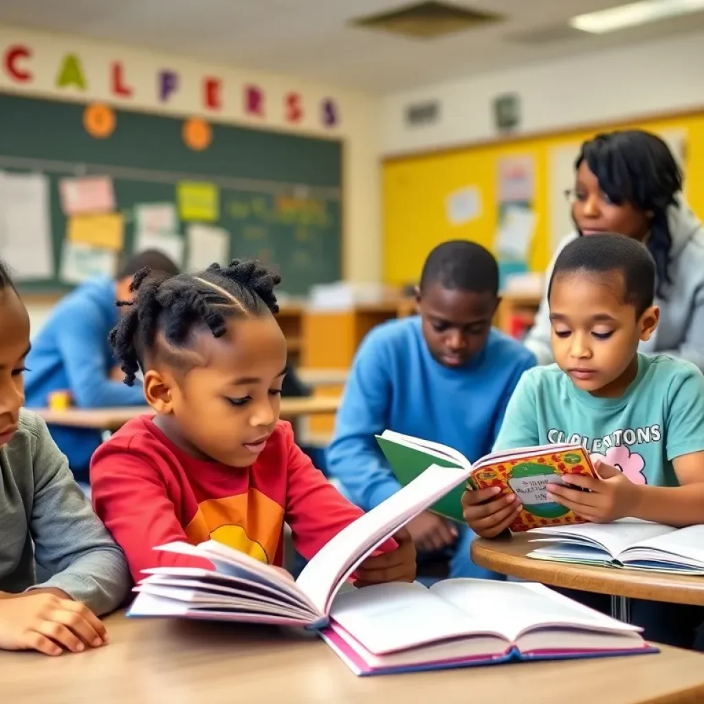 Students engaged in reading activities in a Detroit classroom supported by education interventionists.