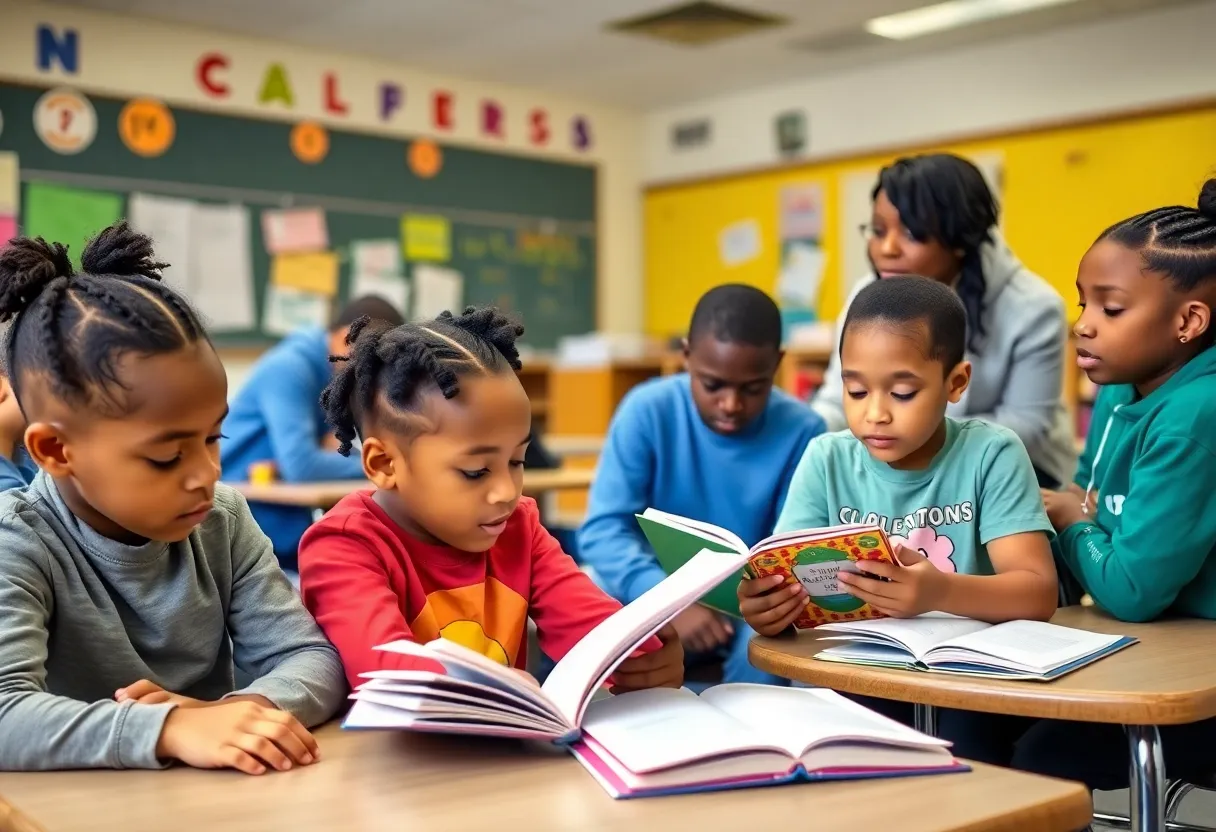 Students engaged in reading activities in a Detroit classroom supported by education interventionists.