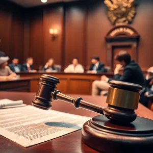 Courtroom scene depicting a legal dispute over election matters