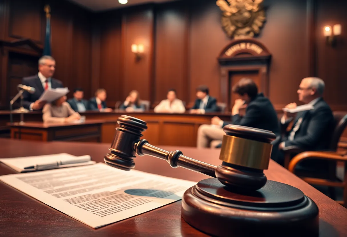 Courtroom scene depicting a legal dispute over election matters