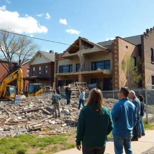 Community watching the demolition of an old house in Detroit