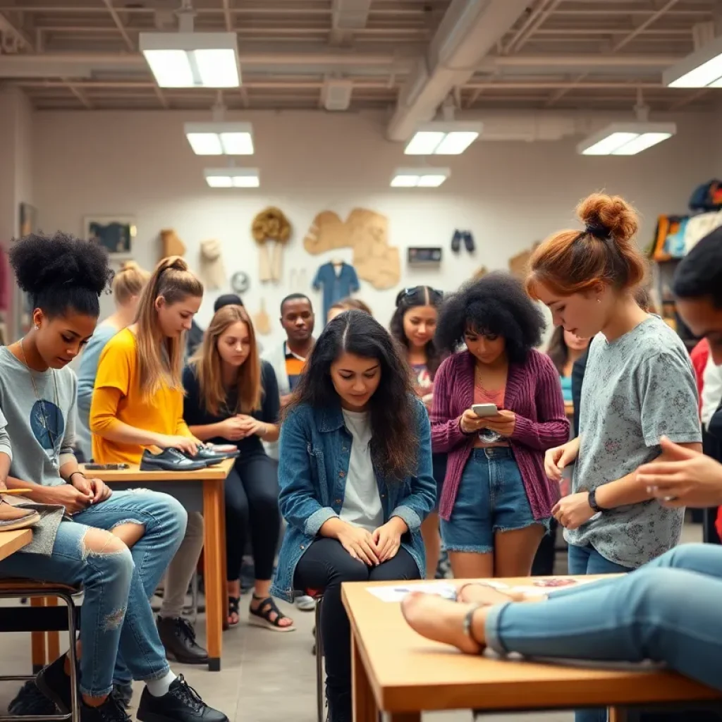 Students participating in a design education class in Detroit, working on footwear and apparel projects.