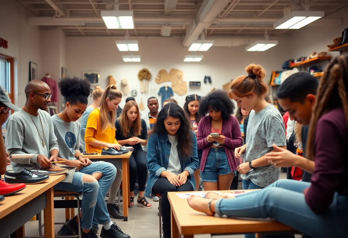 Students participating in a design education class in Detroit, working on footwear and apparel projects.