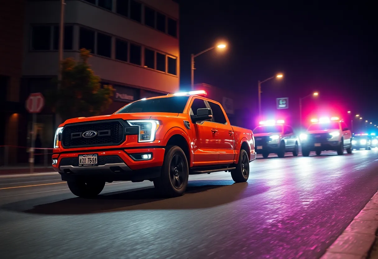 Police lights visible during a street racing incident in Detroit