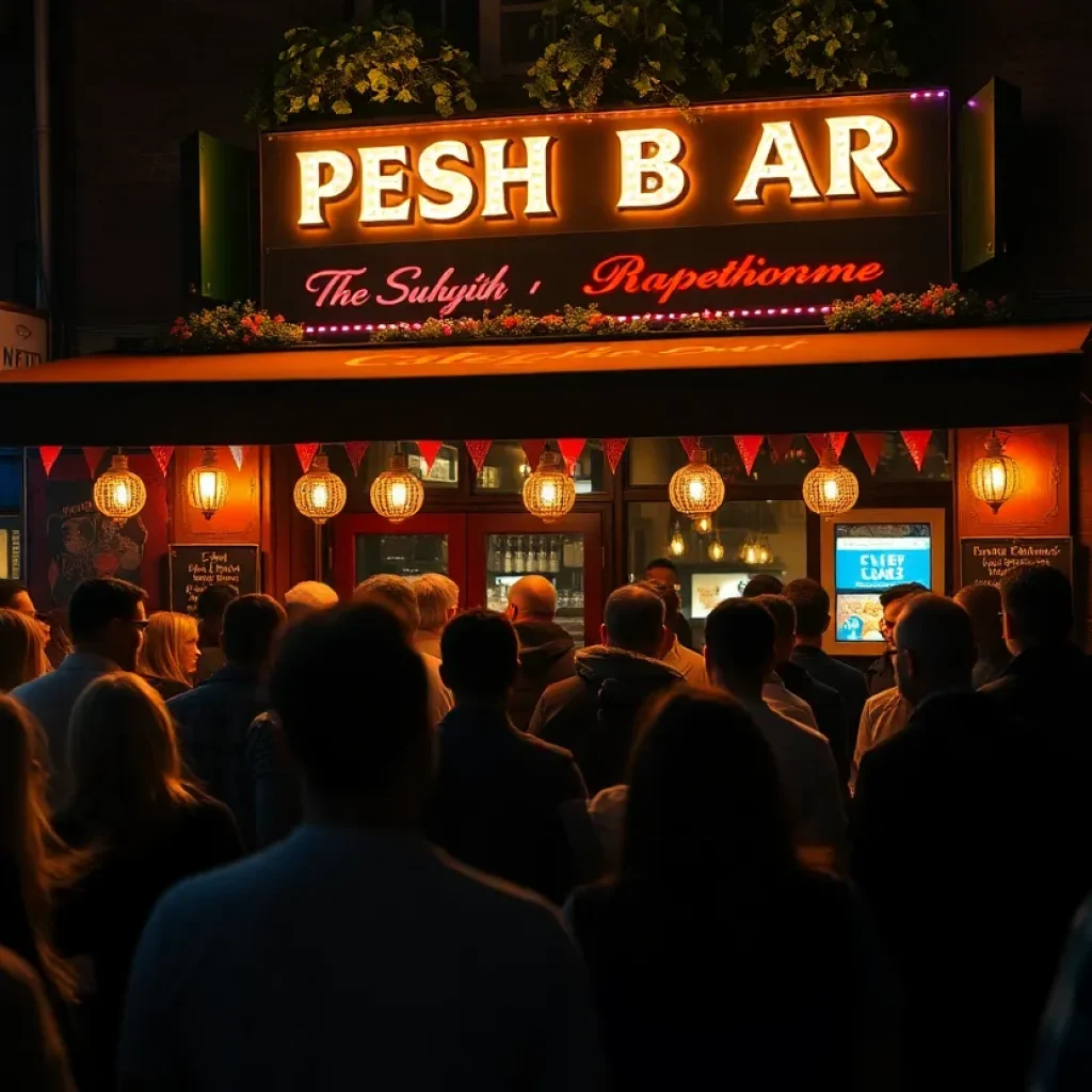 A gathering outside a bar with colorful lights in Detroit at night