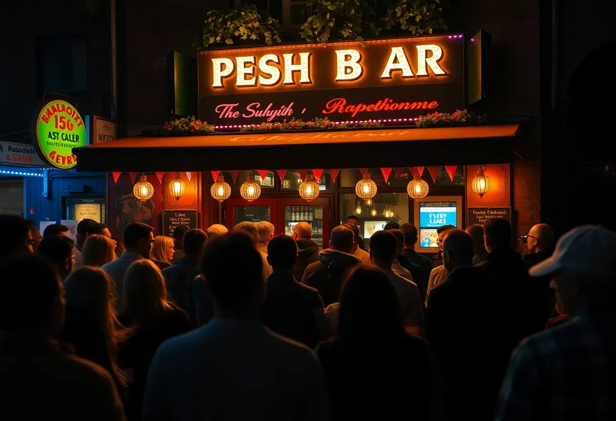 A gathering outside a bar with colorful lights in Detroit at night