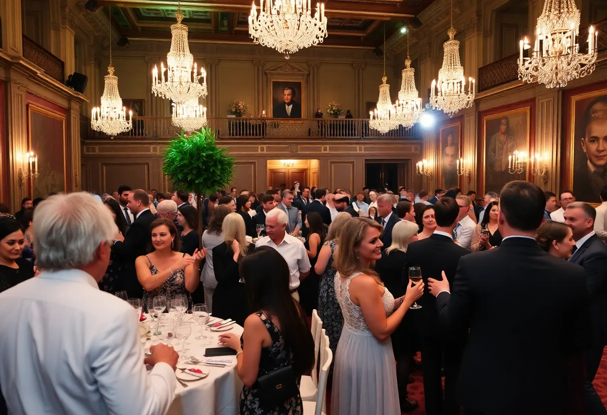 Guests attending a gala event at the Book Tower in Detroit.