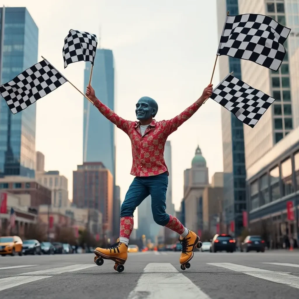 Artwork of a figure roller-skating and waving checkered flags in downtown Detroit