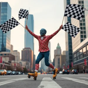 Artwork of a figure roller-skating and waving checkered flags in downtown Detroit