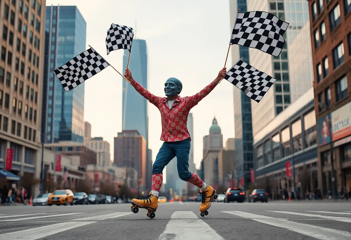 Artwork of a figure roller-skating and waving checkered flags in downtown Detroit
