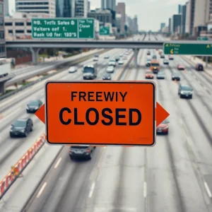 Traffic detour sign for I-94 freeway closure in Detroit