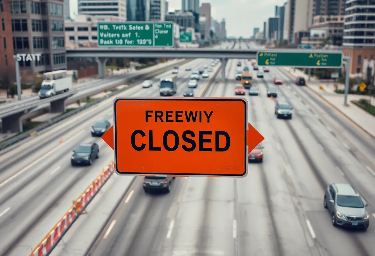 Traffic detour sign for I-94 freeway closure in Detroit