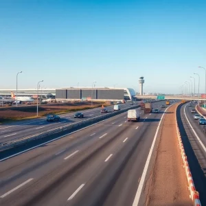 Construction work on I-94 with traffic signs near the airport