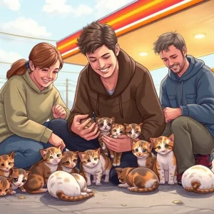 People rescuing kittens at a gas station