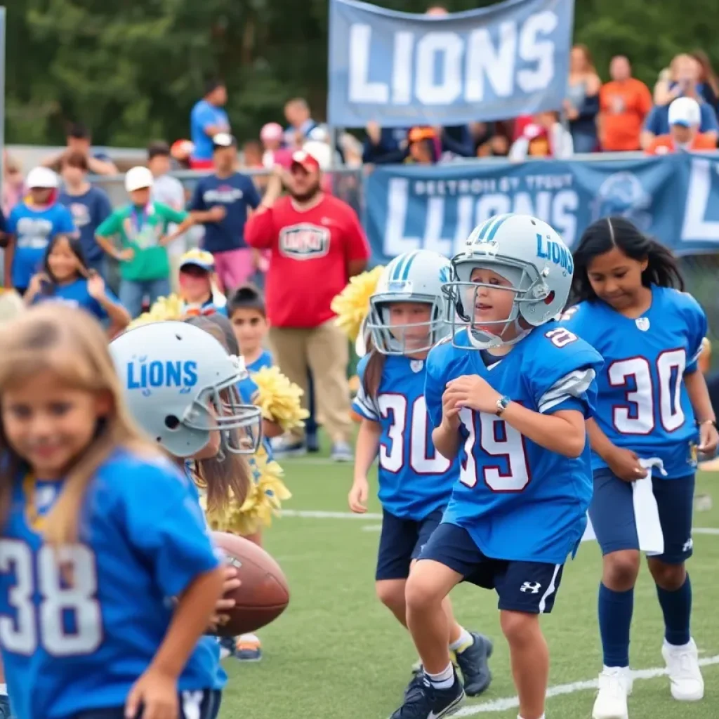 Youth football teams and cheerleaders celebrating the launch of the Touchdown in Your Town program by the Detroit Lions