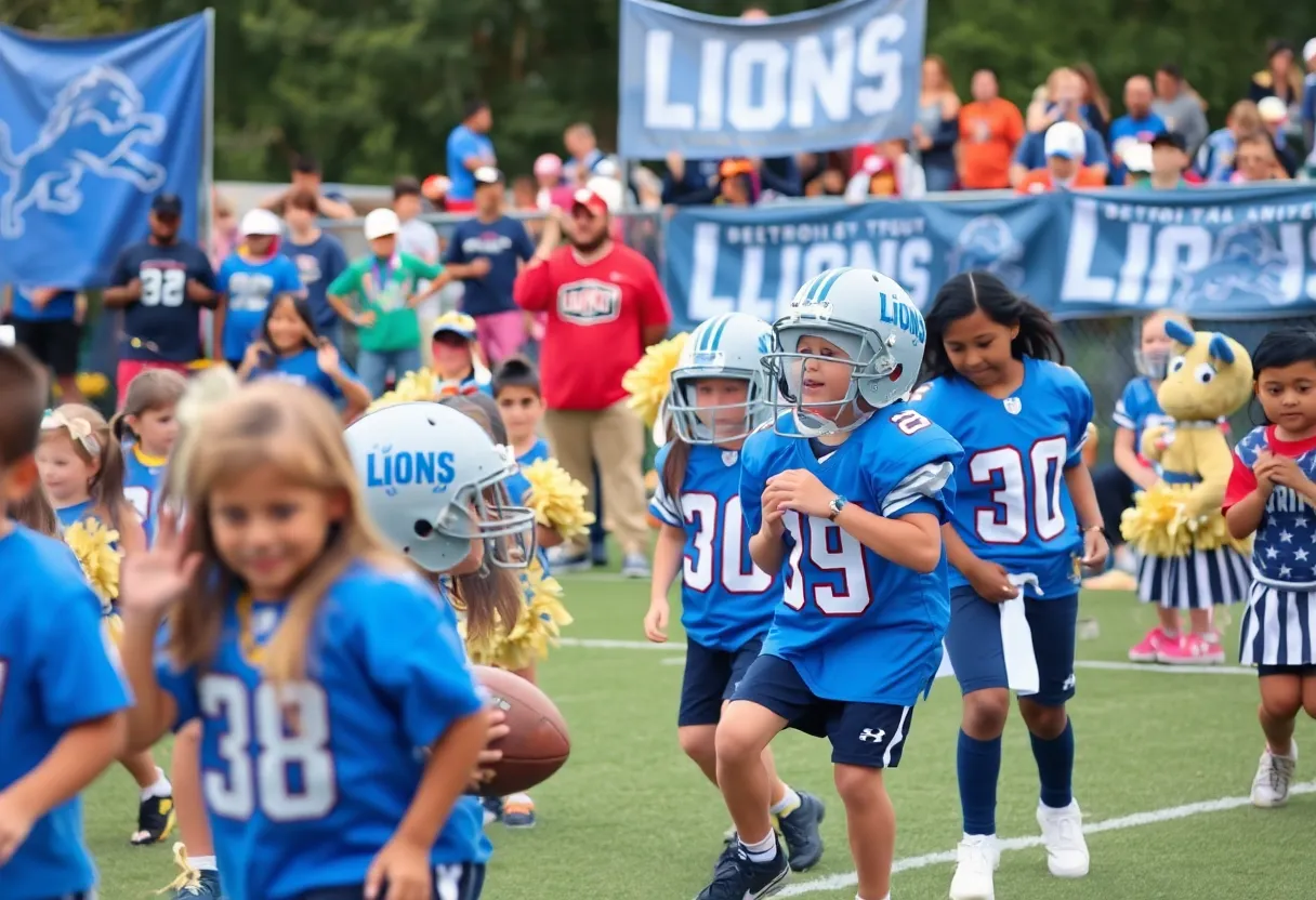 Youth football teams and cheerleaders celebrating the launch of the Touchdown in Your Town program by the Detroit Lions