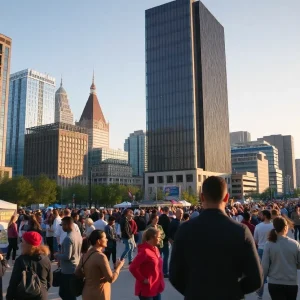 Detroit cityscape with community engagement activities