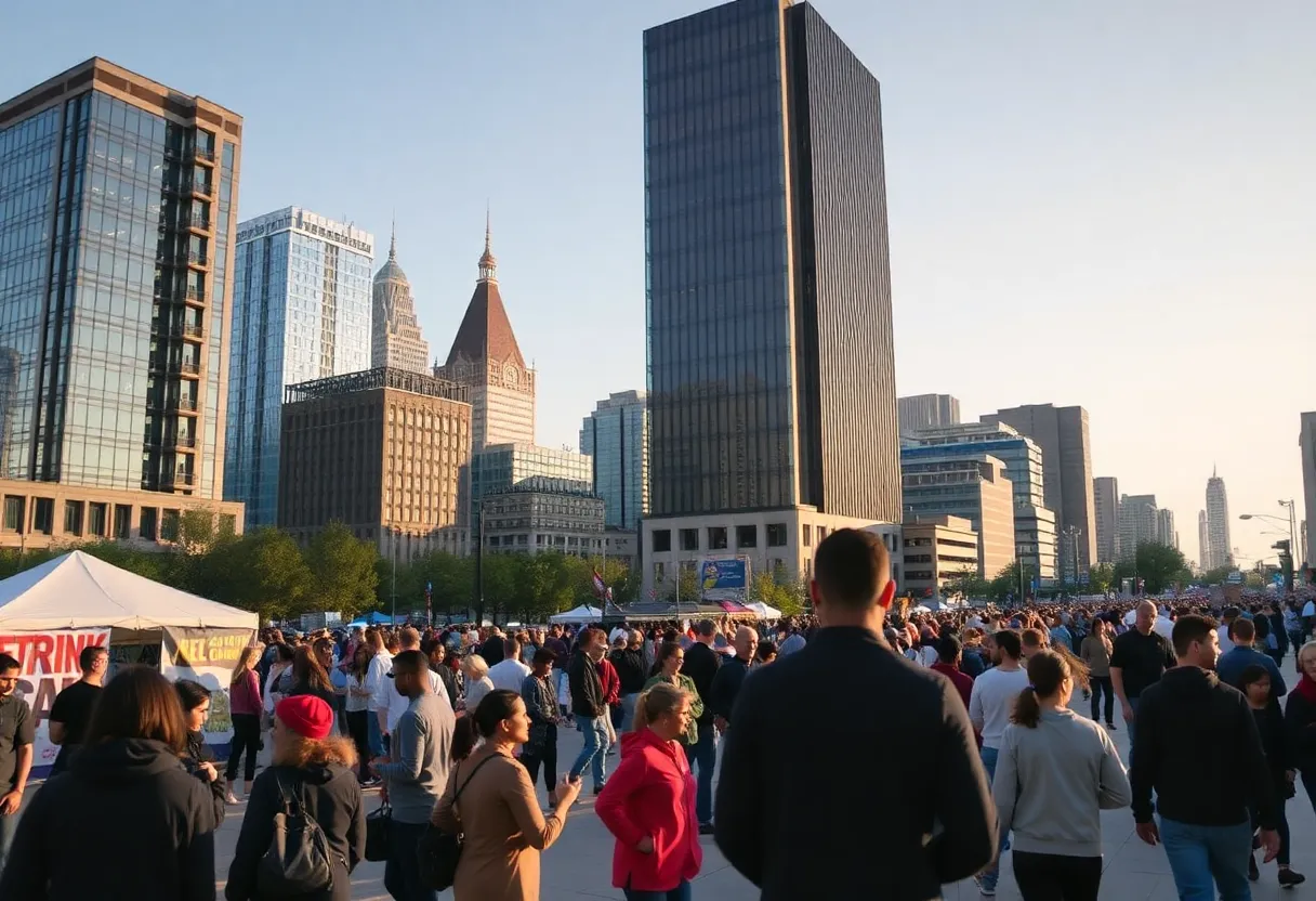 Detroit cityscape with community engagement activities