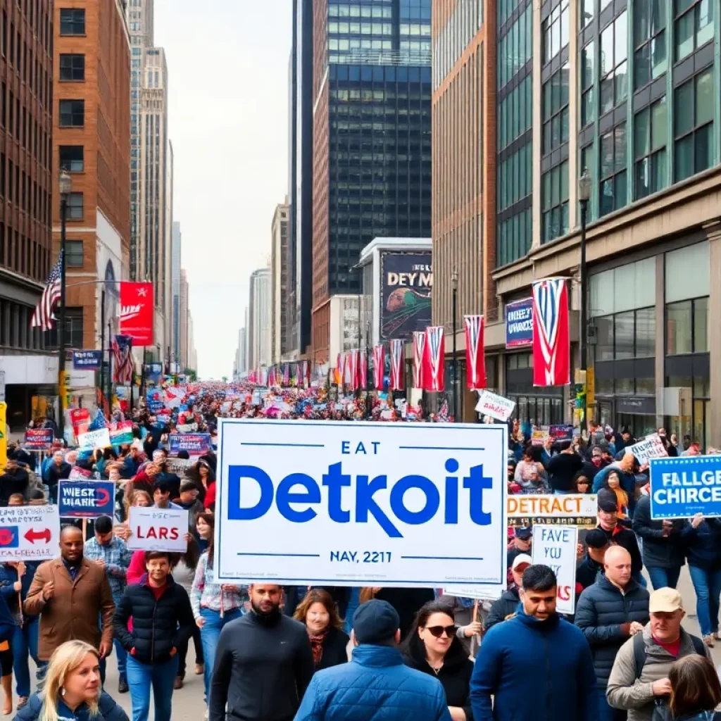 A cityscape of Detroit decorated with election campaign signs as candidates prepare for the mayoral elections.