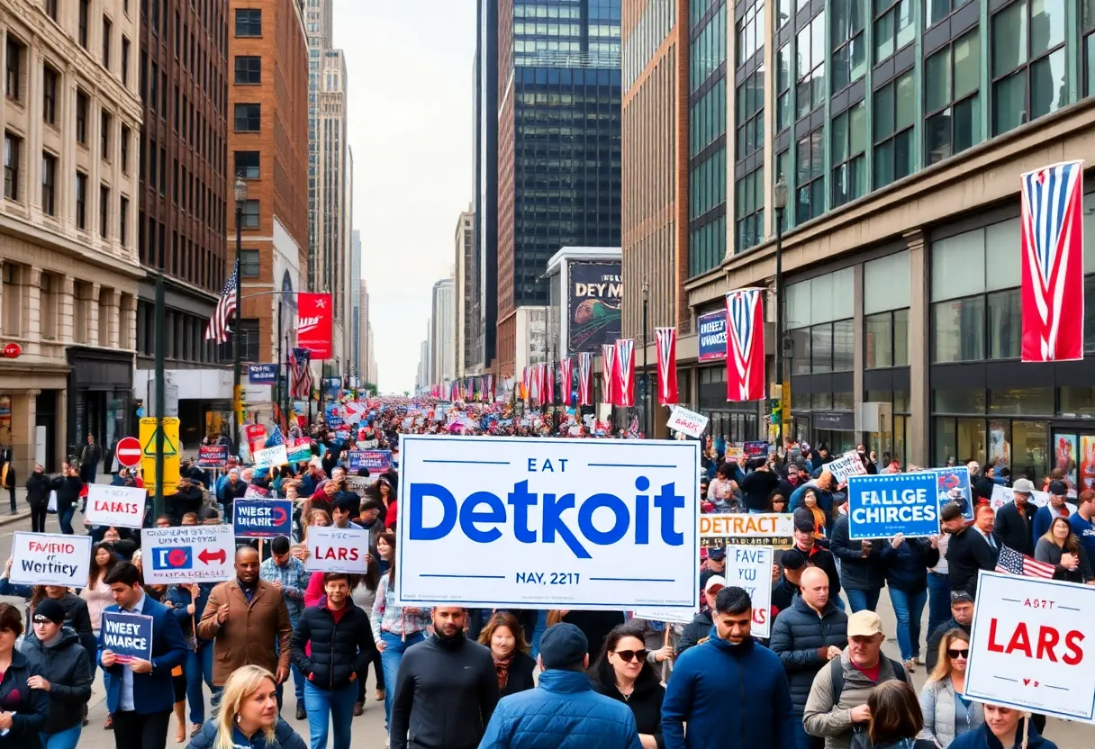 A cityscape of Detroit decorated with election campaign signs as candidates prepare for the mayoral elections.