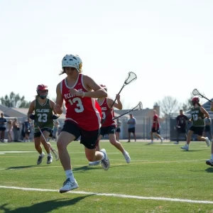 Detroit Men's Lacrosse game with players in action on the field
